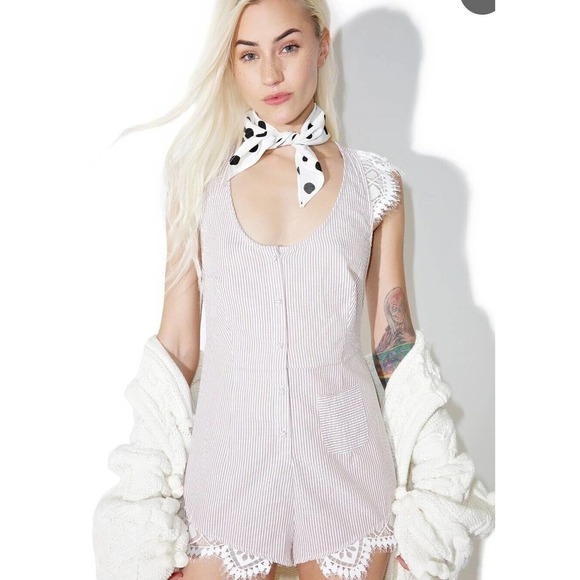 For Love & Lemons Emmy Sleep Romper Brown Seersucker and Lace Size Small - Picture 3 of 16